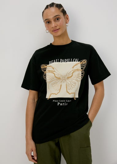 Black Butterfly Print T Shirt