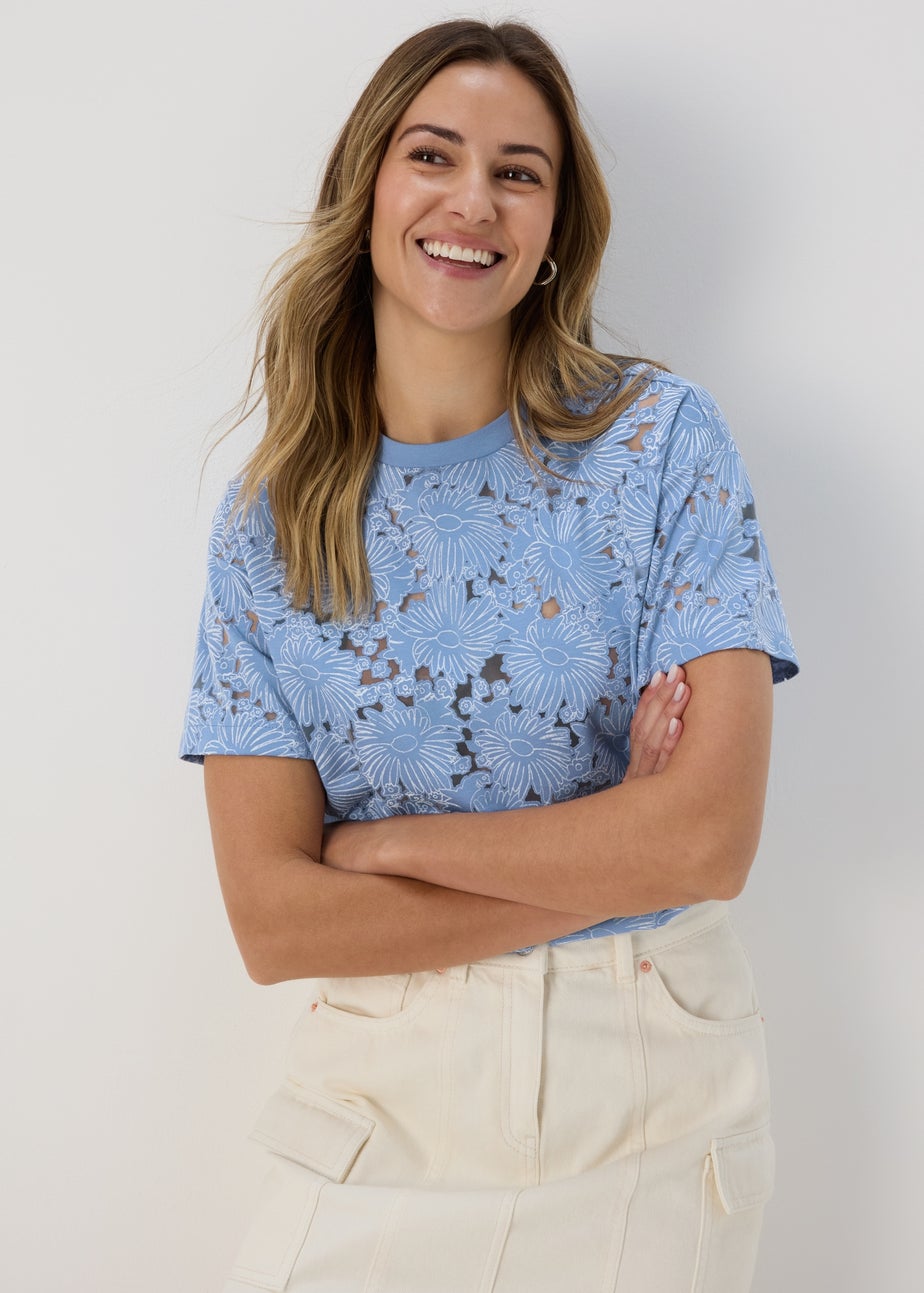 Blue Floral Print Burnout Tee