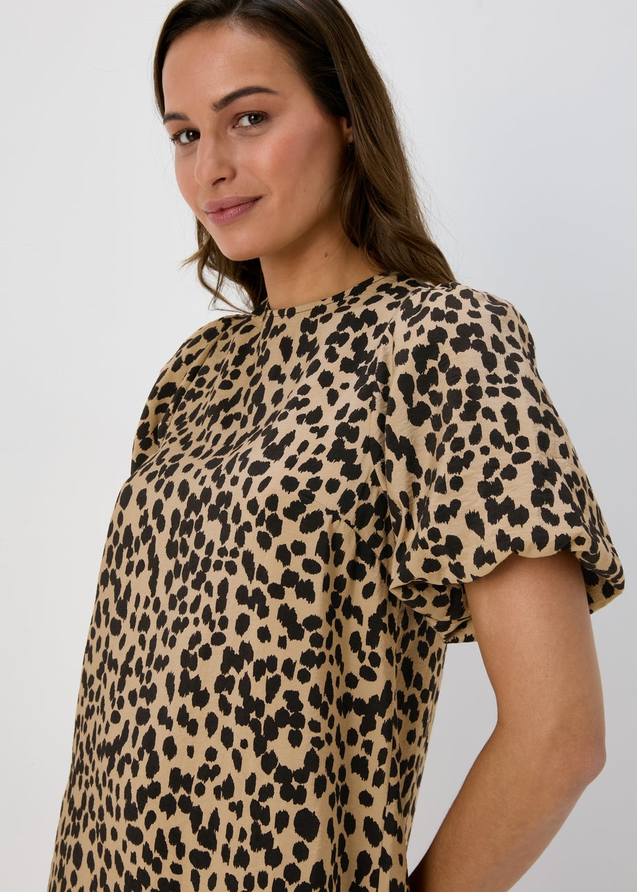 Et Vous Beige Animal Print Puff Sleeve Mini Dress