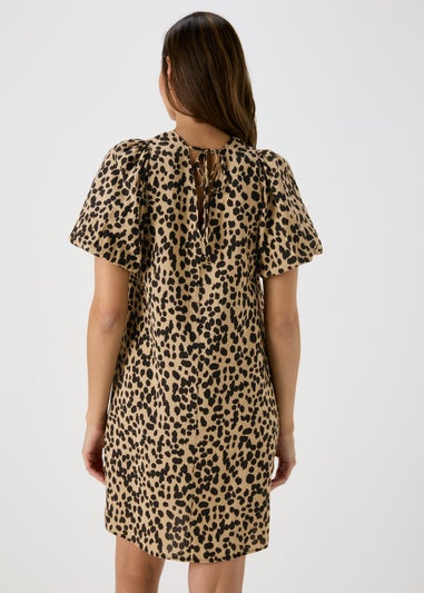 Et Vous Beige Animal Print Puff Sleeve Mini Dress
