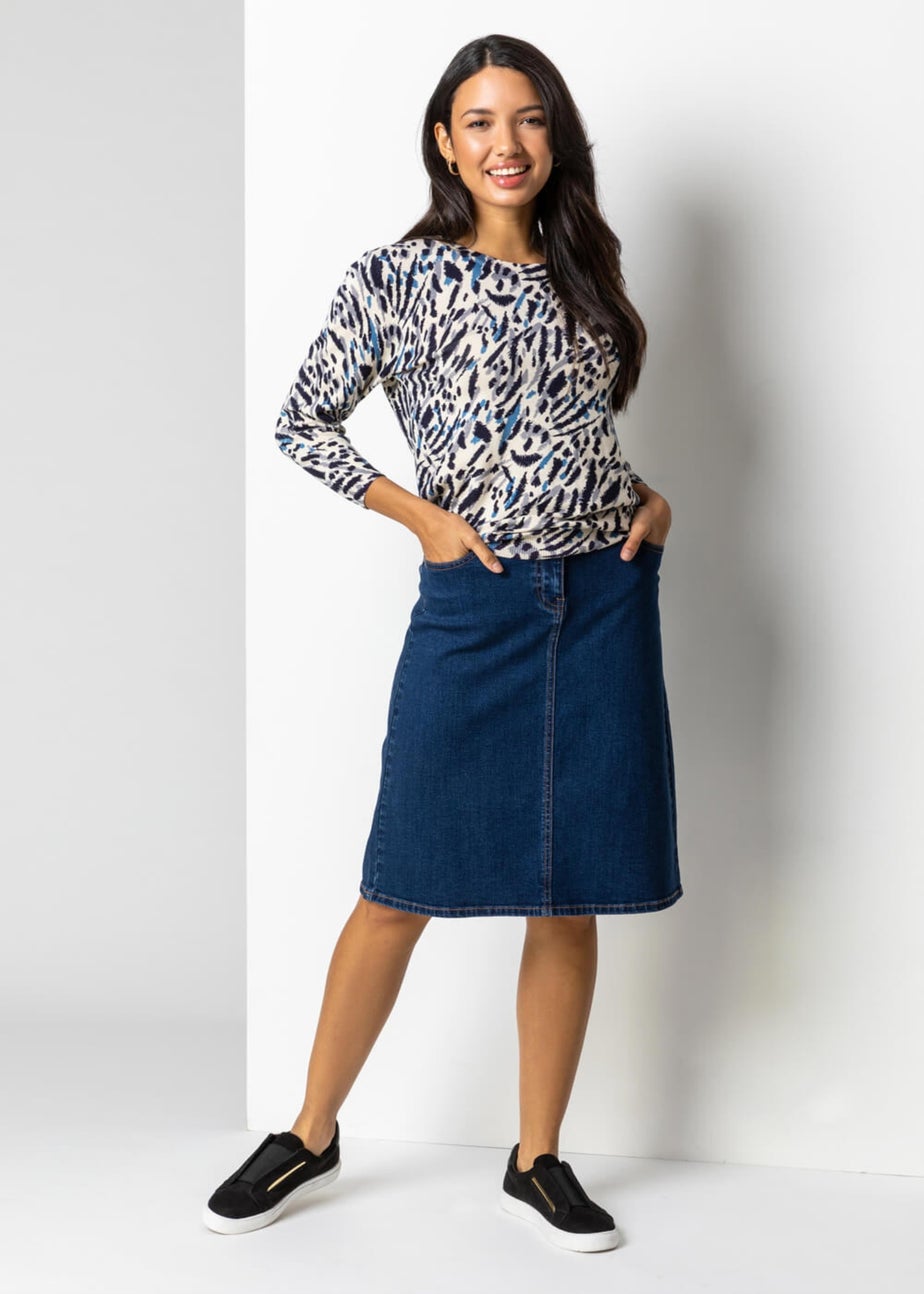 Roman Indigo Cotton Denim Stretch A line Skirt