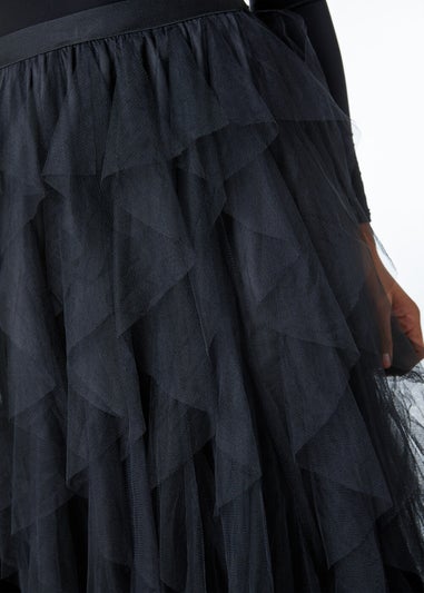 Roman Black Elastic Waist Mesh Layered A Line Skirt