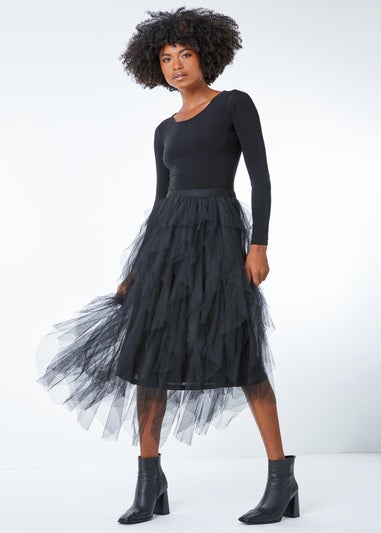 Roman Black Elastic Waist Mesh Layered A Line Skirt