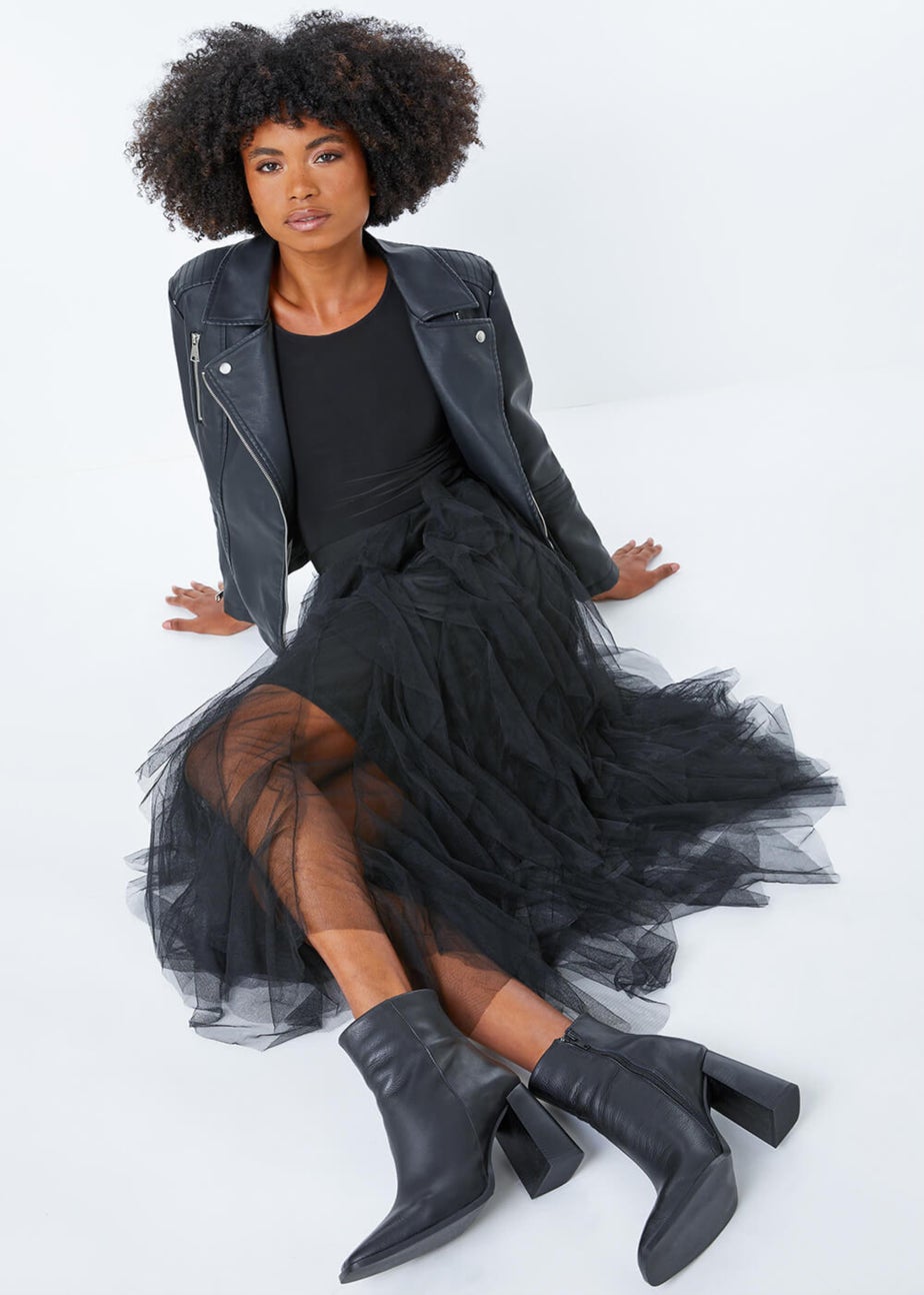 Roman Black Elastic Waist Mesh Layered A Line Skirt