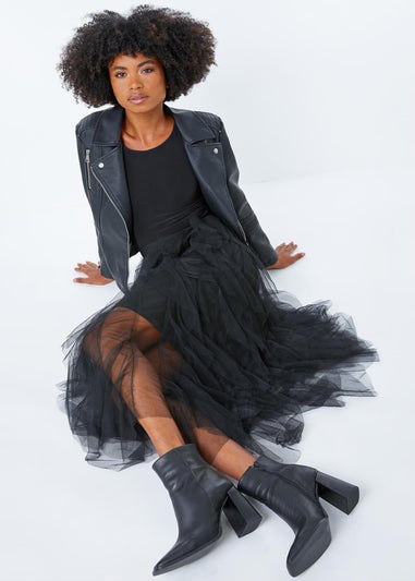 Roman Black Elastic Waist Mesh Layered A Line Skirt