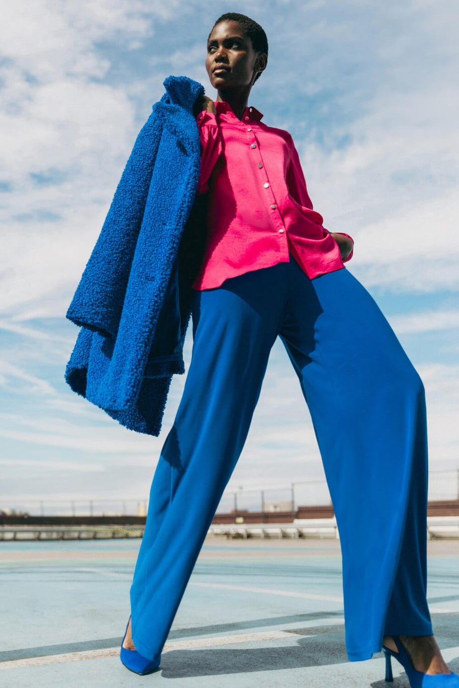 Roman Blue Elastic Waist Wide Leg Stretch Trousers