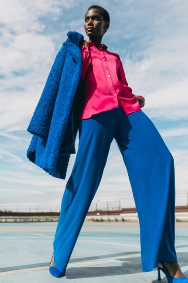 Roman Blue Elastic Waist Wide Leg Stretch Trousers