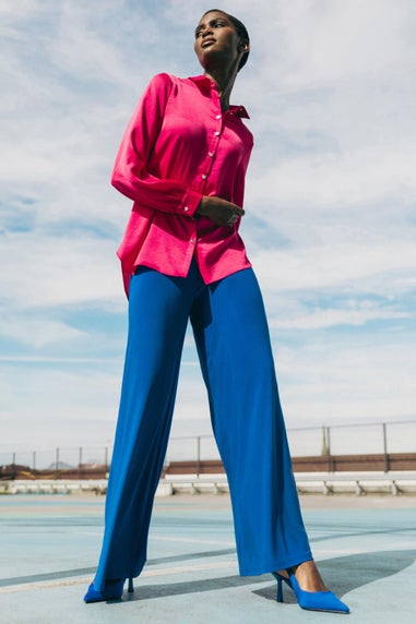 Roman Blue Elastic Waist Wide Leg Stretch Trousers