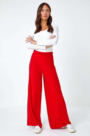 Roman Red Elastic Waist Wide Leg Stretch Trousers