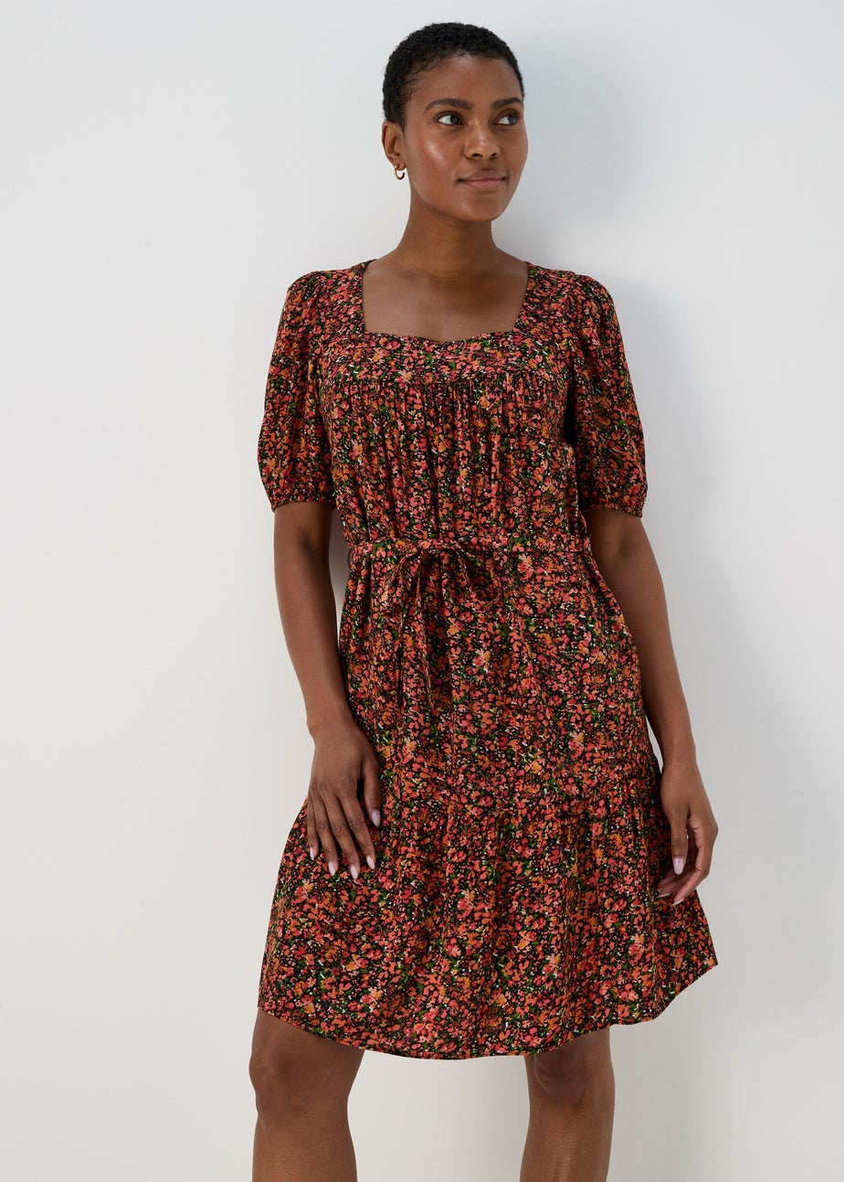 Coral Ditsy Print Viscose Mini Dress