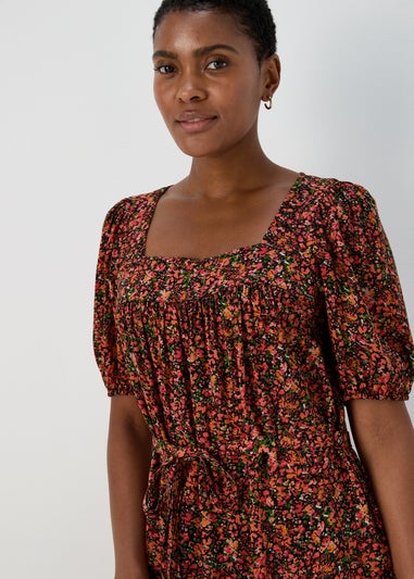 Coral Ditsy Print Viscose Mini Dress