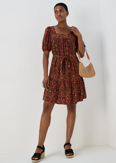 Coral Ditsy Print Viscose Mini Dress