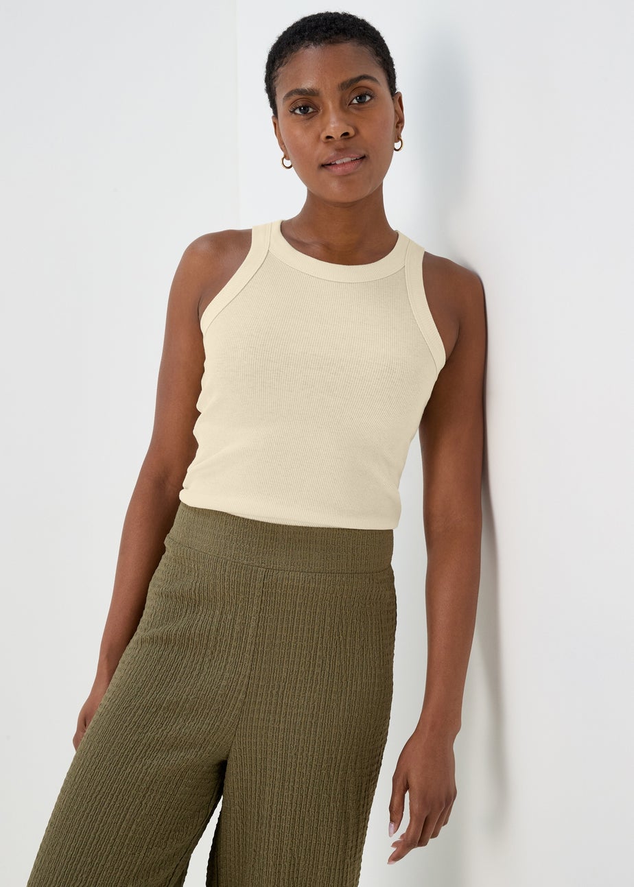 Cream High Neck Plain Ribbed Vest