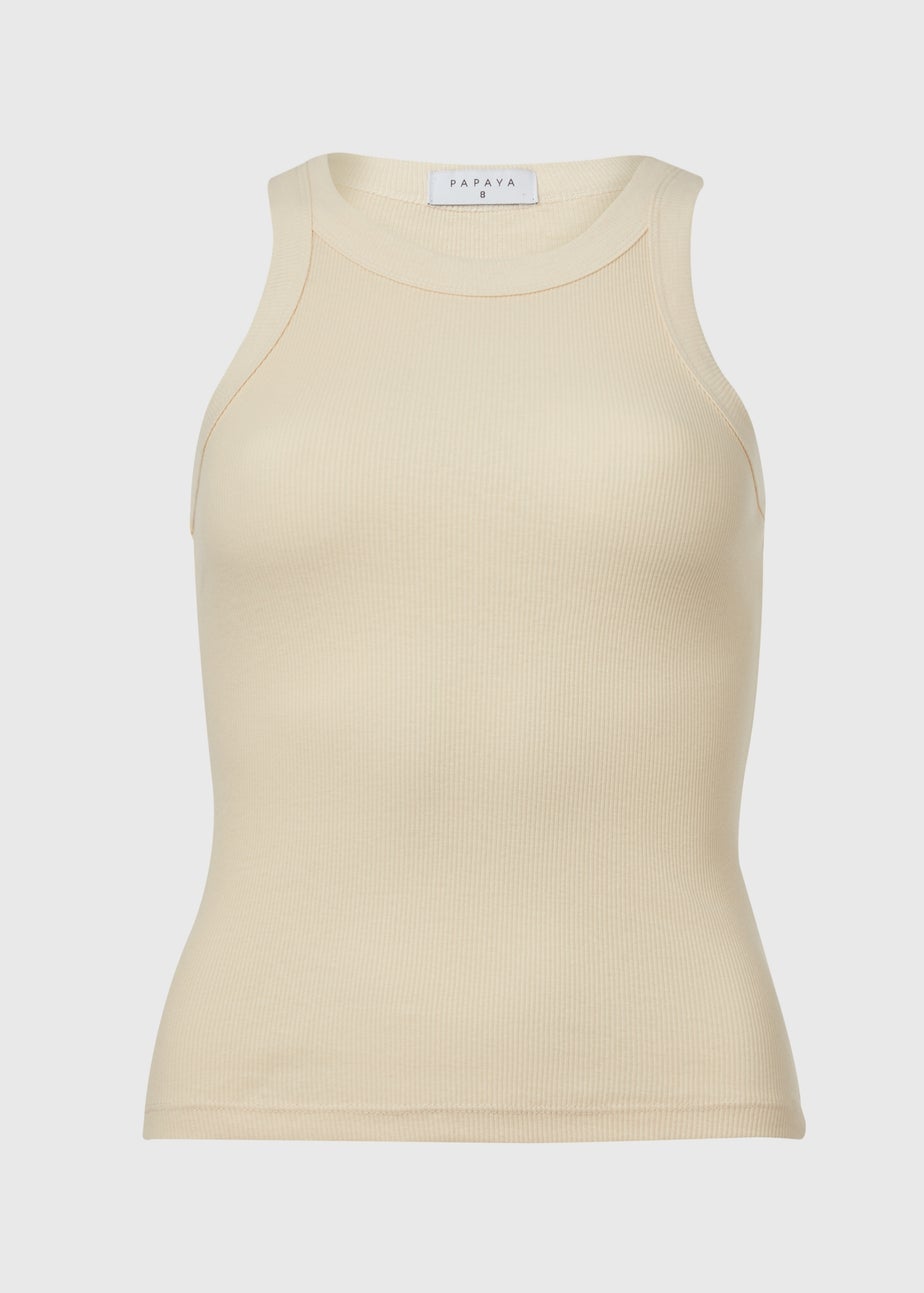 Cream High Neck Plain Ribbed Vest