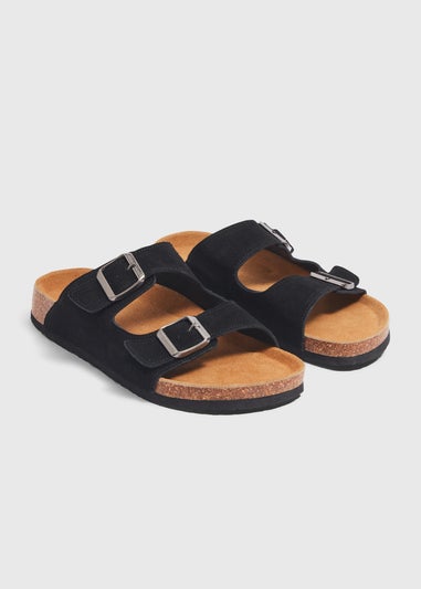 Black Double Buckle Suede Sandals