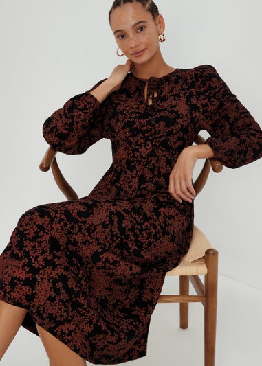 Black Boho Print Midi Dress