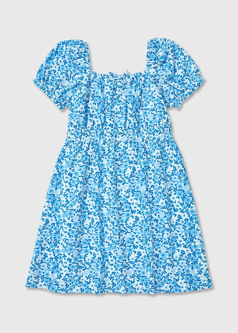 Girls Blue Floral Crinkle Dress (7-13yrs)