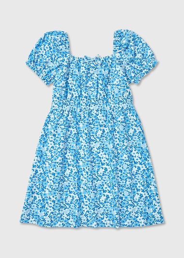 Girls Blue Floral Crinkle Dress (7-13yrs)