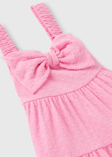 Girls Pink Bow Detail Crinkle Tiered Dress (1-7yrs)