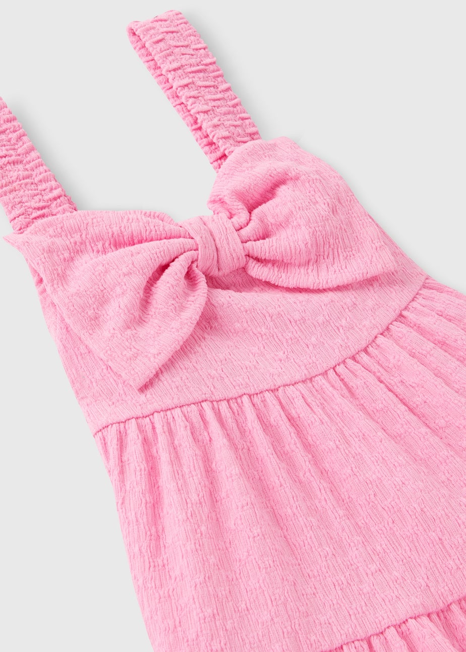 Girls Pink Bow Detail Crinkle Tiered Dress (1-7yrs)