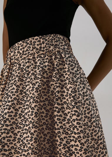 Brown Leopard Print Poplin Skirt