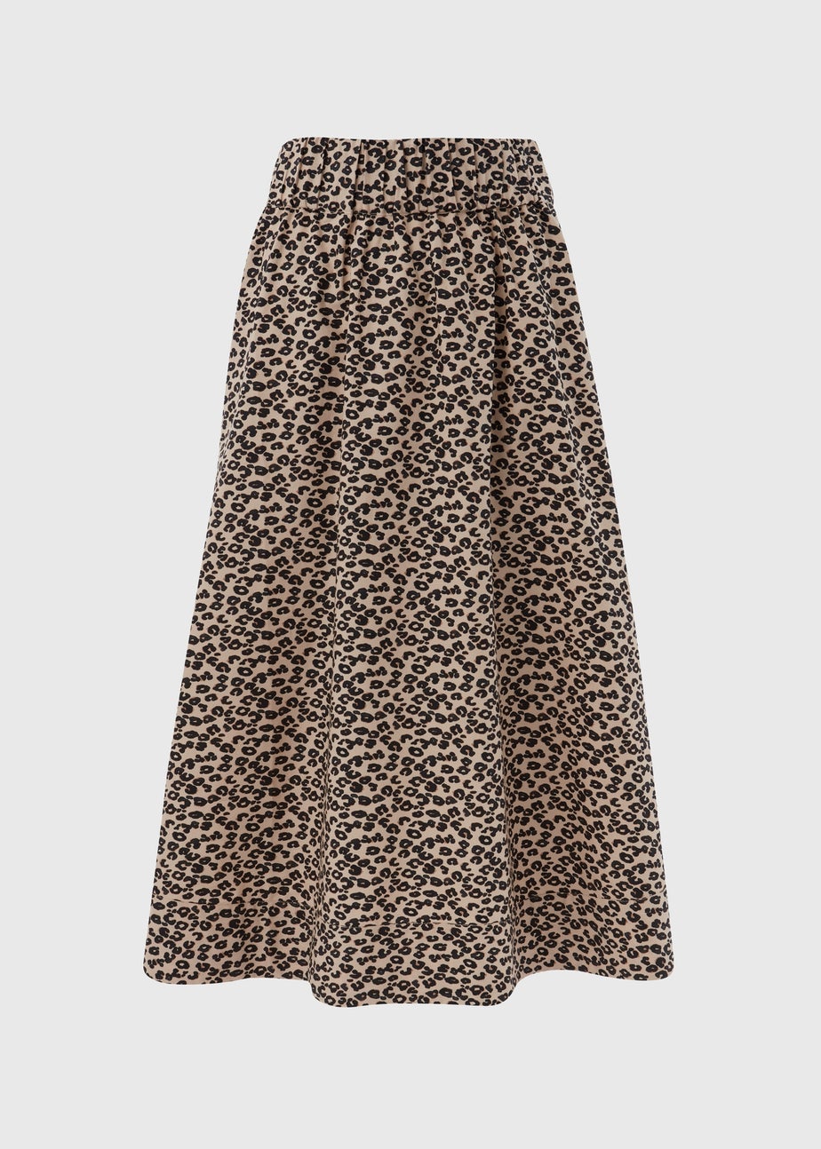 Brown Leopard Print Poplin Skirt