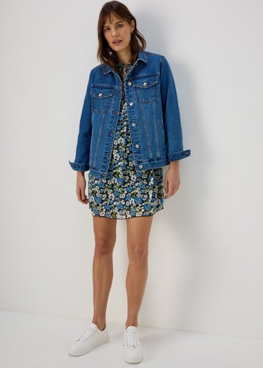 Blue Frill Floral Tieneck Dress