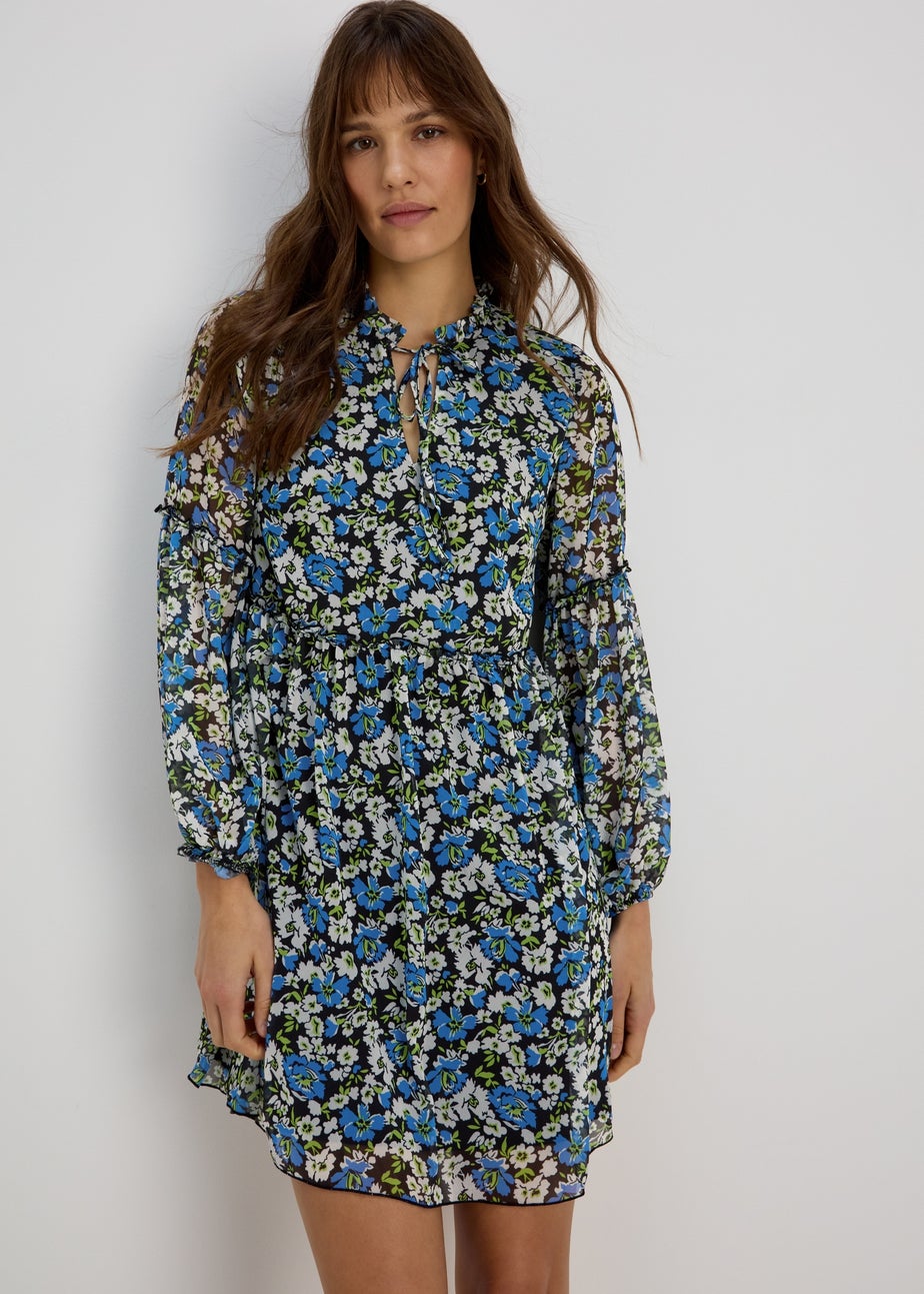 Blue Frill Floral Tieneck Dress