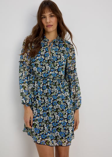 Blue Frill Floral Tieneck Dress