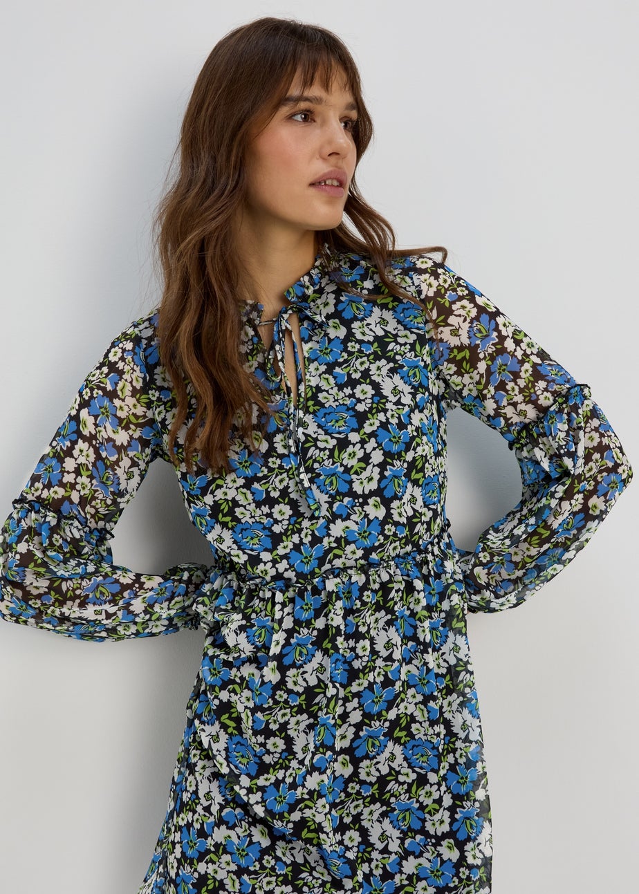 Blue Frill Floral Tieneck Dress