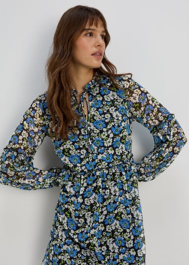 Blue Frill Floral Tieneck Dress