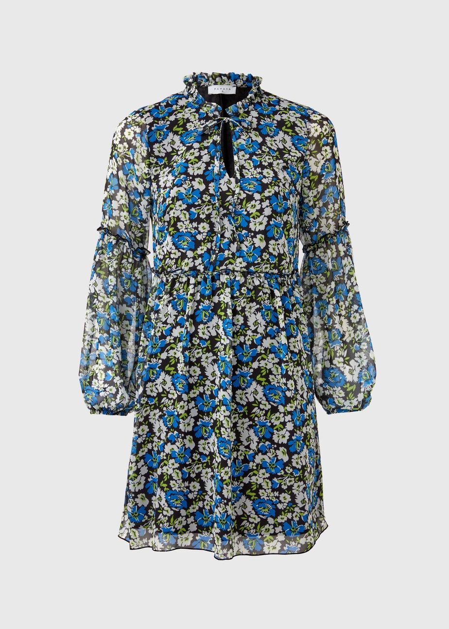 Blue Frill Floral Tieneck Dress