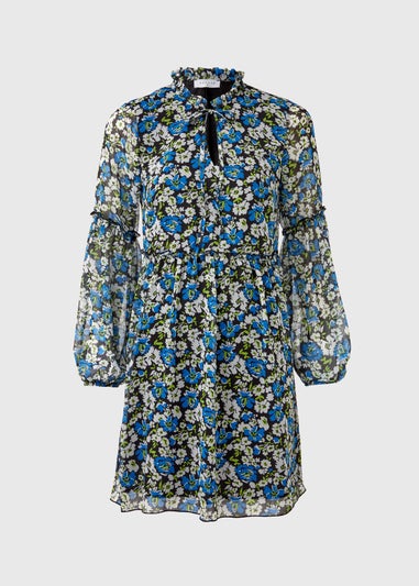 Blue Frill Floral Tieneck Dress