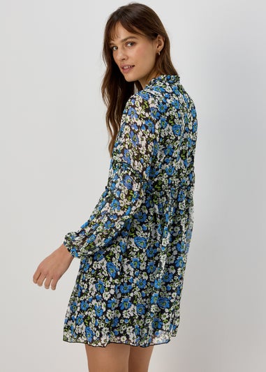 Blue Frill Floral Tieneck Dress