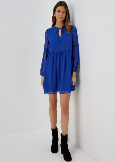 Blue Frill Tieneck Dress