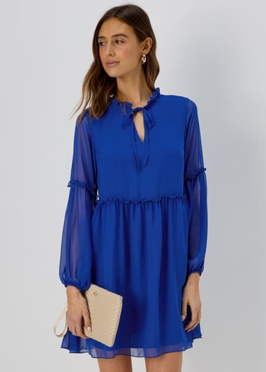 Blue Frill Tieneck Dress