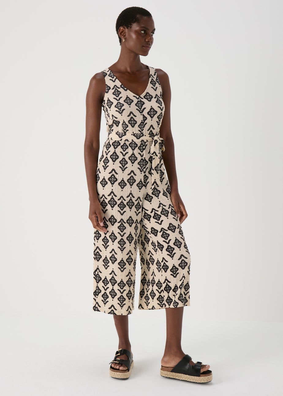 Cream V Neck Crinkle Jumpsuit