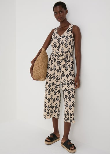 Cream V Neck Crinkle Jumpsuit