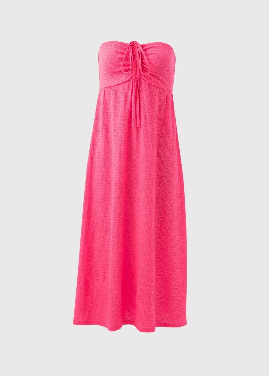 Pink Ruched Crinkle Midi Dress