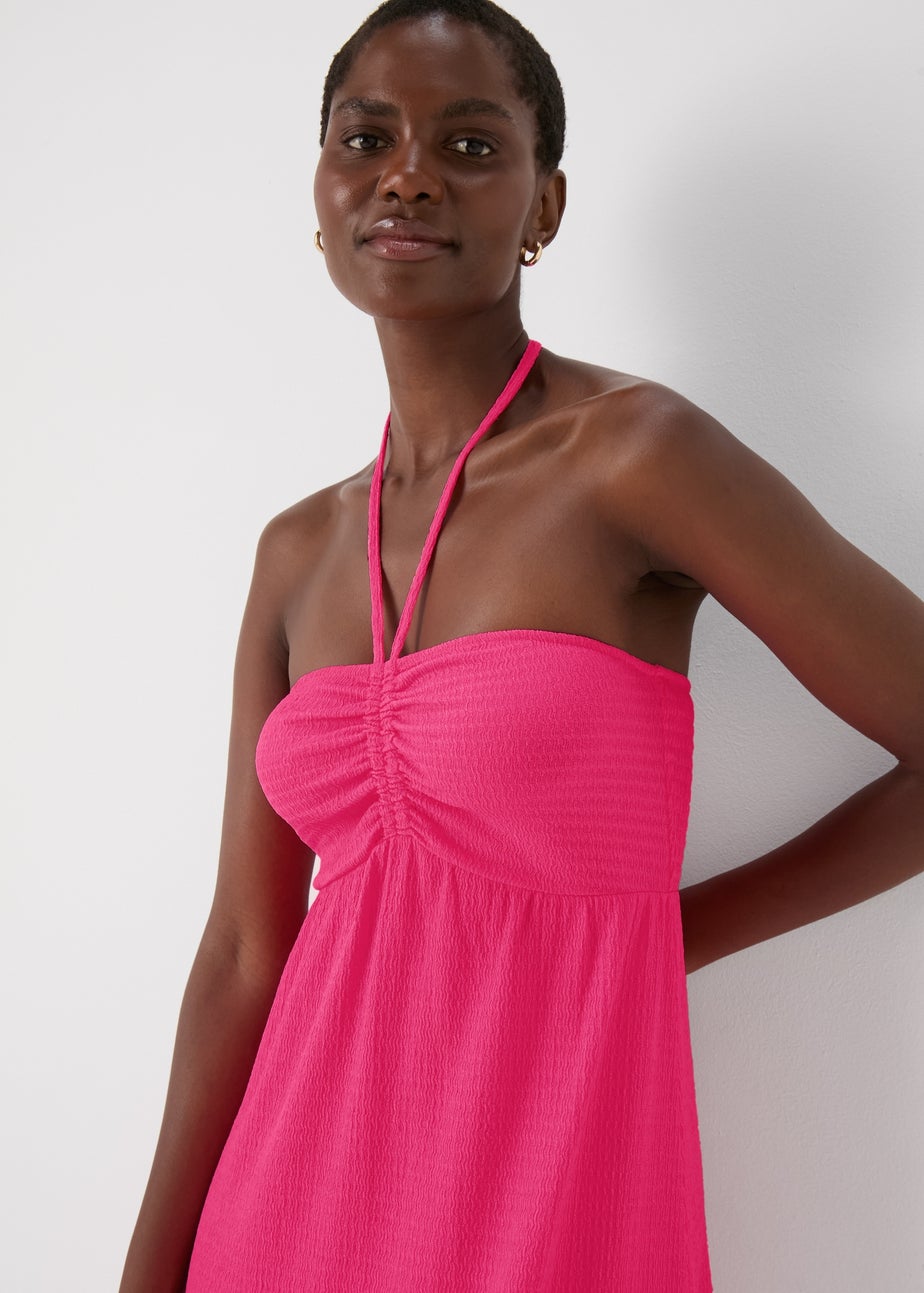 Pink Ruched Crinkle Midi Dress
