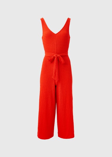Red V Neck Crinkle Jumpsuit