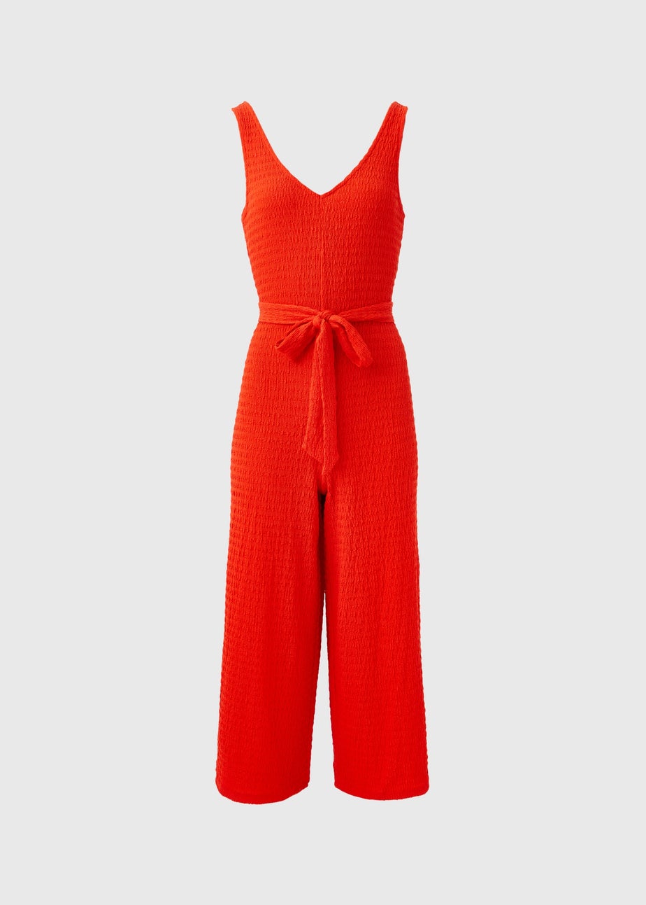 Red V Neck Crinkle Jumpsuit