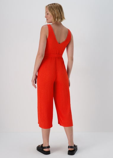 Red V Neck Crinkle Jumpsuit