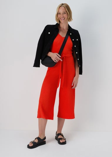 Red V Neck Crinkle Jumpsuit