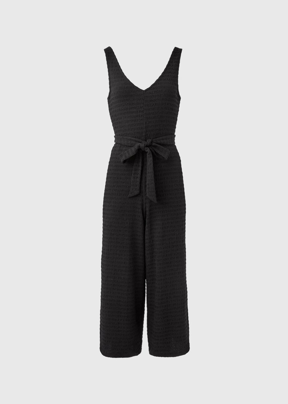 Black V Neck Textured Jumpsuit