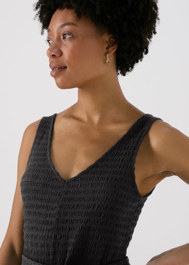 Black V Neck Textured Jumpsuit