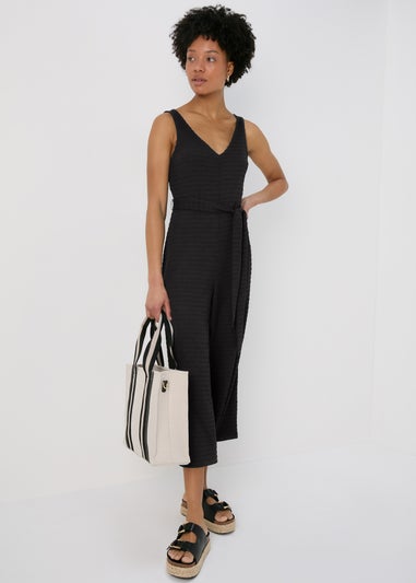 Black V Neck Textured Jumpsuit