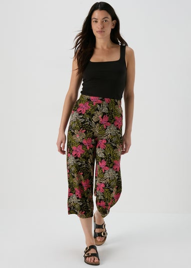Black Floral Wide Leg Crop Trousers
