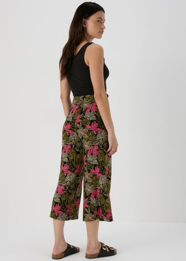 Black Floral Wide Leg Crop Trousers
