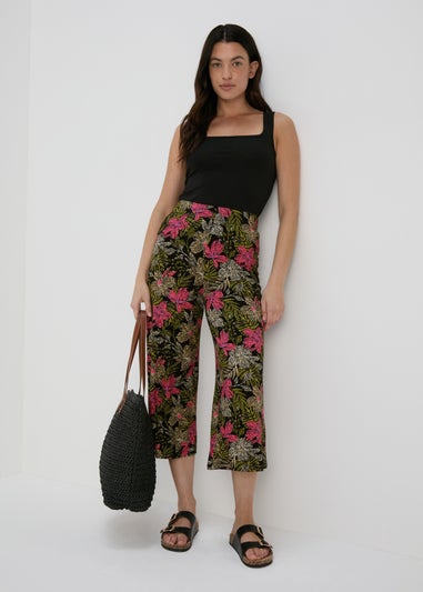Black Floral Wide Leg Crop Trousers